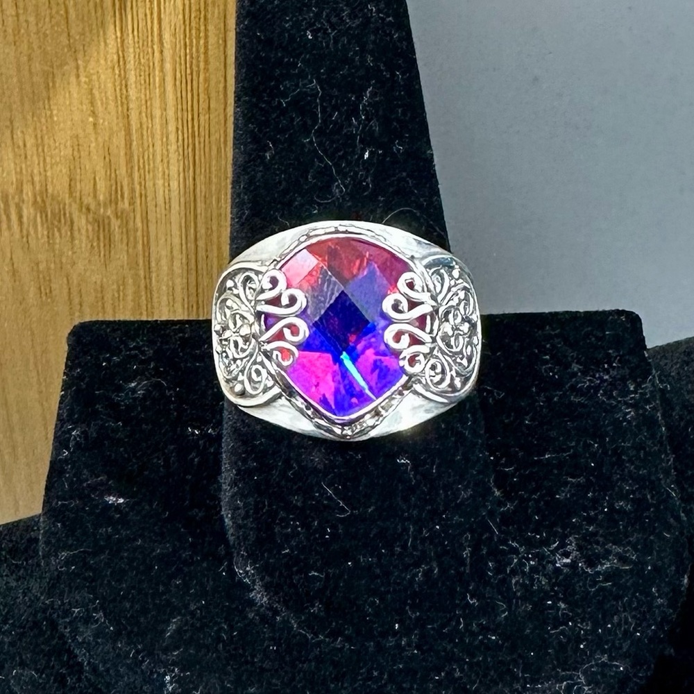 SARDA Sterling Silver Red Pink Volcanic Quartz Bali Filigree Scroll Wide Ring 10